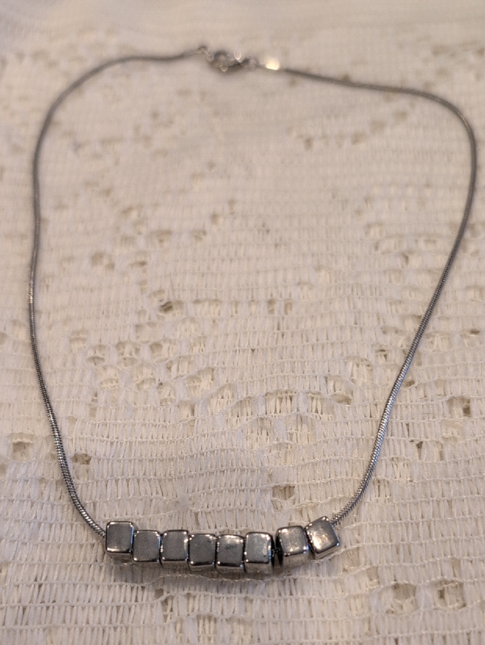 Vintage Silver Tone Minimalist Cube Slide Necklace - Sleek Snake Chain